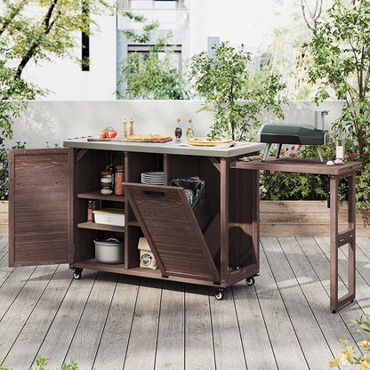 JIVOIT 78.3" Outdoor Kitchen Island with Foldable Table, Wooden Outdoor Grill Cart with Trash Can Storage & Stainless Steel Top, Adjustable Shelf, Spice Rack, Modular Towel, Paper Rack