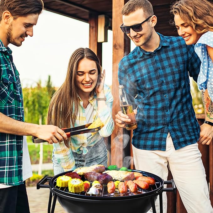 18 Inch Portable Charcoal Grill with Adjustable Fan, Outdoor BBQ Fire Pit, Easy to Light Charcoal/Wood, Small Round Kettle Smoker for Backyard Cooking, Barbeque, Camping, Black
