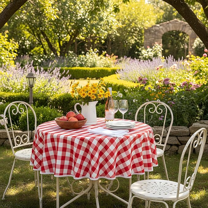Red and White Gingham Tablecloth, Waterproof Outdoor Picnic Table Cover for Summer BBQ, Farmhouse Kitchen, Patio Dining, Reusable Machine Washable Checkered Table Cloth, 60" Round