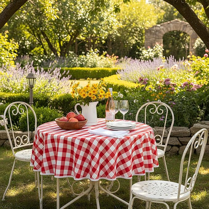 Red and White Gingham Tablecloth, Waterproof Outdoor Picnic Table Cover for Summer BBQ, Farmhouse Kitchen, Patio Dining, Reusable Machine Washable Checkered Table Cloth, 60" Round
