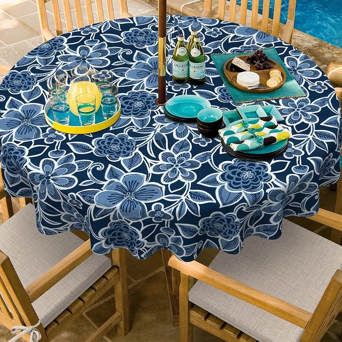 Outdoor/Indoor Round Tablecloth with Umbrella Hole Zipper, Decorative Circular Table Cover for Home Garden, 60 Inch, Flower Navy