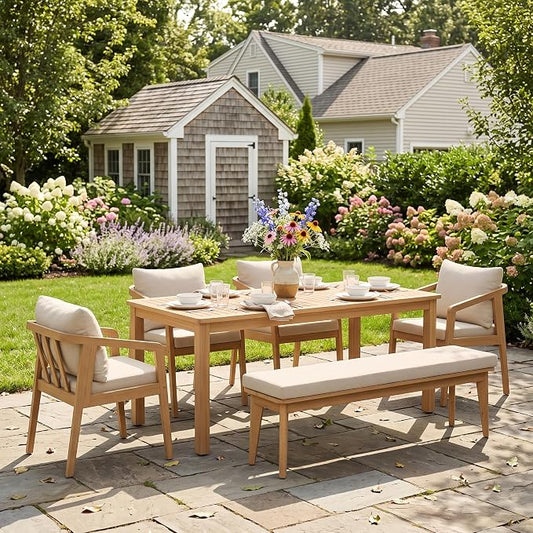 FansaFurn 6 Pieces Acacia Outdoor Patio Table and Chairs Set for All-Weather, Outside Furniture with Table Umbrella Hole and Removable Cushion for 6, Outdoor Furniture Set for Garden, Patio, Beige