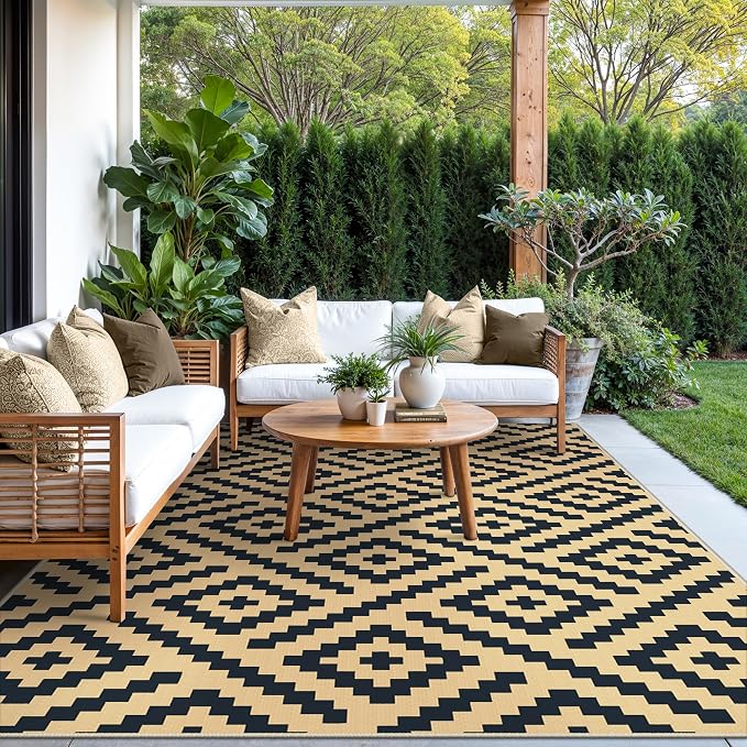 GENIMO Outdoor Rug, Waterproof Plastic Rugs for Patio, 6'x9' Black Sand | Outside Larger Modern Carpet Mat for Porch Decor, Deck, Balcony, Camping, RV, Backyard, Picnic, Beach, Reversible, Foldable