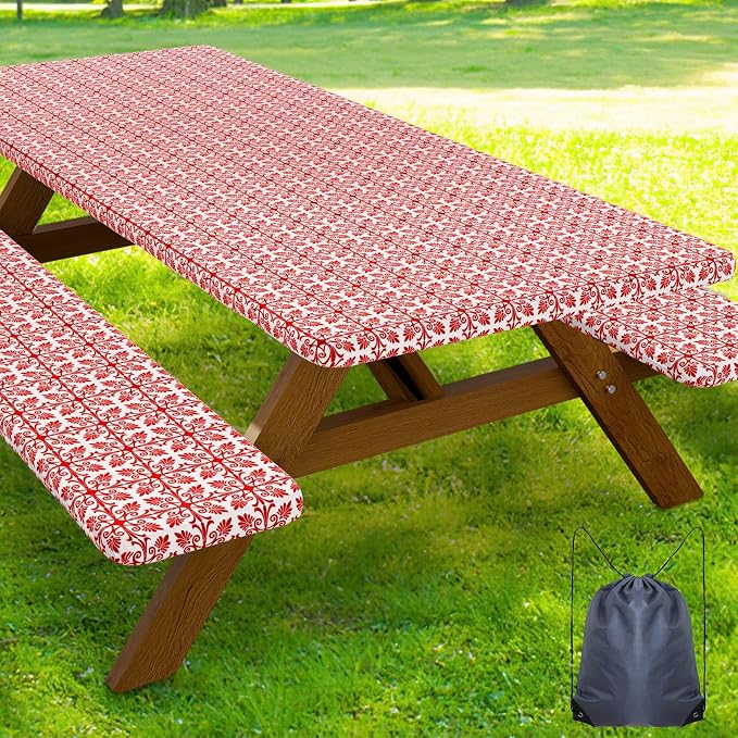 Smiry Picnic Table Cover with Bench Covers, Waterproof Elastic Fitted Tablecloth for 6 Foot Tables, Washable Polyester Tablecloths for Camping, Indoor & Outdoor (Rose Red & White, 30x72 Inch 3-pc Set)