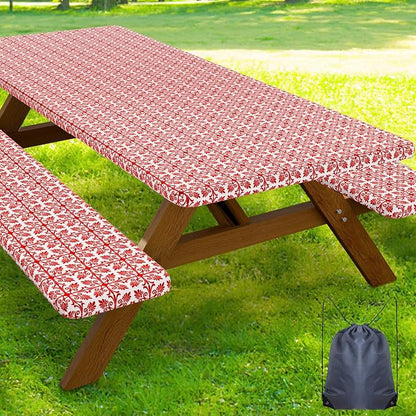 Smiry Picnic Table Cover with Bench Covers, Waterproof Elastic Fitted Tablecloth for 6 Foot Tables, Washable Polyester Tablecloths for Camping, Indoor & Outdoor (Rose Red & White, 30x72 Inch 3-pc Set)