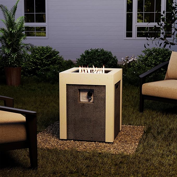 COSIEST Outdoor Propane Fire Pit Table w Compact Ledgestone 19-inch Square Graphite Base with Waterproof Cover, Certified, 40,000 BTU, Free Lava Rocks, Touch-up Pen, Fits 20lb (Grey&White)
