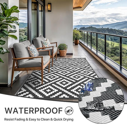 GENIMO Outdoor Rugs 8x10 Waterproof, Reversible Mats, Area Plastic Straw Rug, Outside Carpet, Geometric Rv Mat for Patio Camping Picnic Backyard Deck Balcony Porch Beach Trailer (Black & White) | Outside Larger Modern Carpet Mat for Porch Decor, Deck, ...
