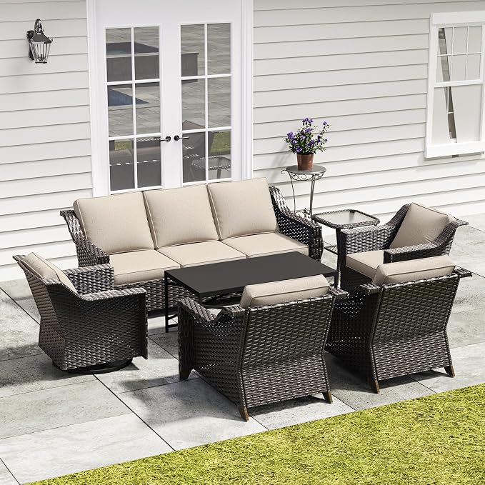 7 Piece Patio Furniture Set, Wicker Outdoor Conversation Set | Patio Chair Set with Olefin Removable Cushion, All-Weather Outdoor Couch with Deep Seat for Porch, Deck and Backyard, Beige