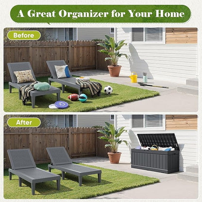 Flamaker Outdoor Storage Box 80 Gallon Resin Waterproof Deck Box Delivery Box with Wood Texture Large Storage Bin for Patio Cushions, (Grey)