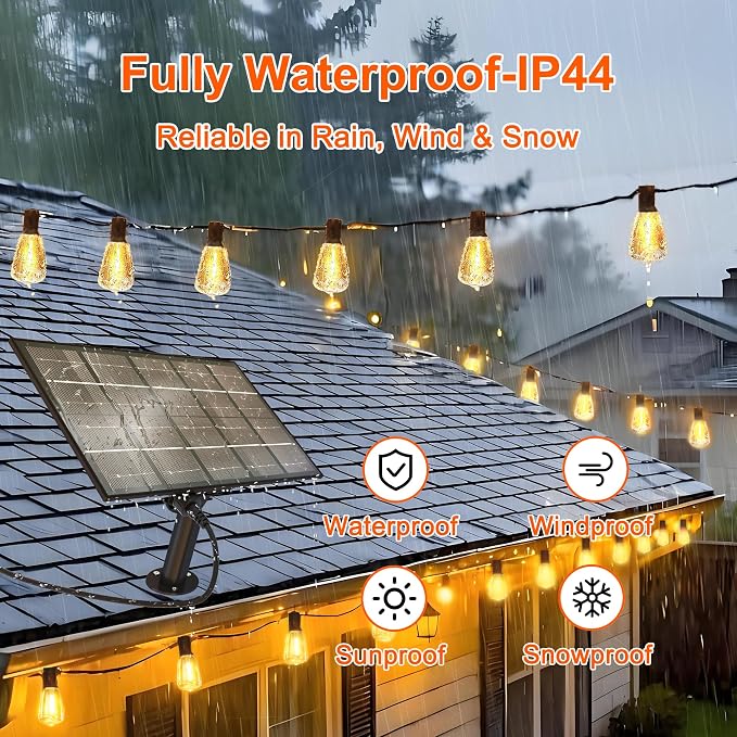 BLIATLUS 55FT Solar String Lights, Waterproof Outdoor with Remote 24+2 ST38 LED for Backyard Bistro Porch