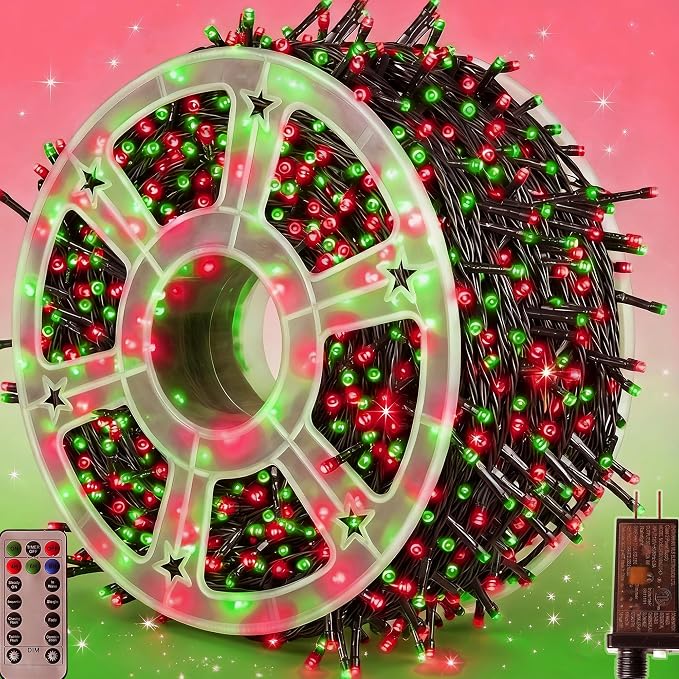 500LED Outdoor Christmas Lights, 164FT String Lights (Red & Green) | IP44 waterproof,8 Modes,Remote control 3 Timers & Memory Function, Ideal Indoor & Outdoor Christmas Tree Holiday Decorations