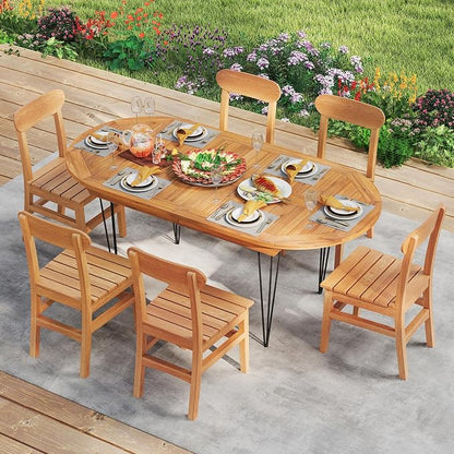 Tangkula 71" Outdoor Dining Table for 6, Oval Teak Wood 6 Person Patio Table with 2" Umbrella Hole, Metal Legs, Safety Locks and Wood Tabletop, Outside Table for Garden, Poolside & Backyard