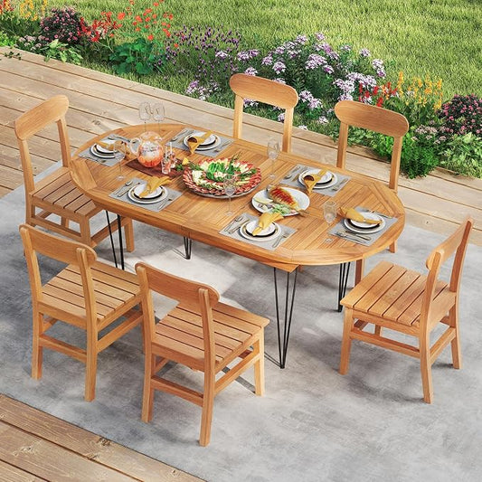 Tangkula 71" Outdoor Dining Table for 6, Oval Teak Wood 6 Person Patio Table with 2" Umbrella Hole, Metal Legs, Safety Locks and Wood Tabletop, Outside Table for Garden, Poolside & Backyard