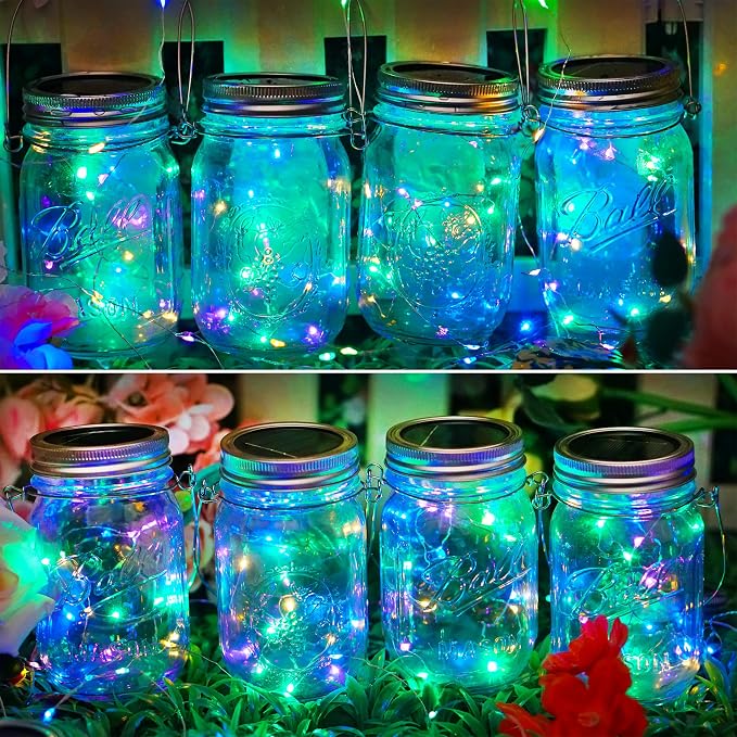 SunKite Solar Mason Jar Lights, 8 Pack 15 LED Waterproof Fairy Firefly Jar Lids String Lights with Hangers(NO Jars), Patio Yard Garden Wedding Easter Decoration - Multicolor