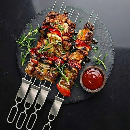 Kabob Skewers for Grilling, 10 Pack 13" Double Pronged with Push Bar, Stainless Steel BBQ Skewers with 2 Brushes, Reusable for Meat, Shrimp, Chicken, Veggie, Perfect for Camping & Family Use.