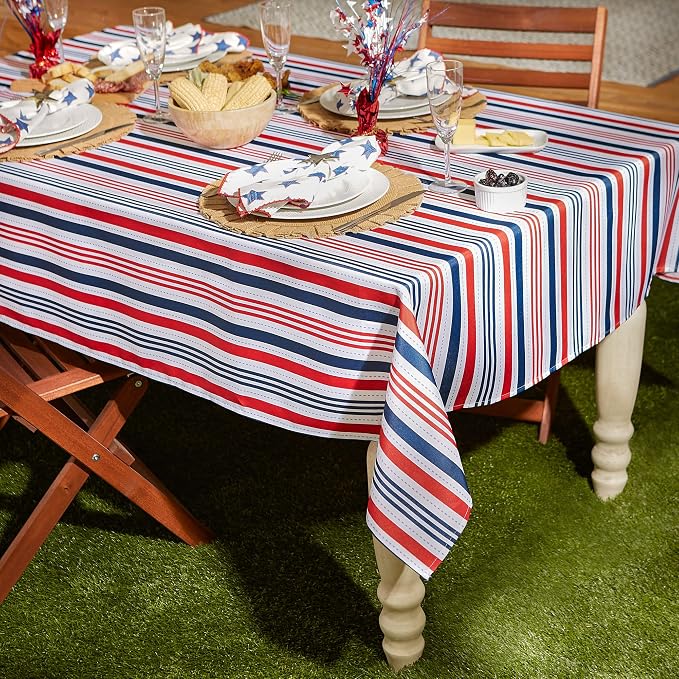 DII 100% Polyester, Spill proof and Waterproof, Machine Washable, Tablecloth for Outdoor Use, 60x120", 4th of July Patriotic Stripe, Seats 10 to 12 People