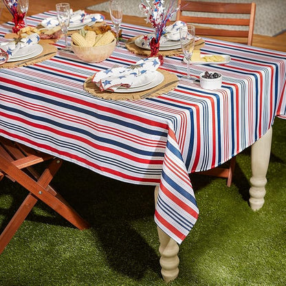 DII 100% Polyester, Spill proof and Waterproof, Machine Washable, Tablecloth for Outdoor Use, 60x120", 4th of July Patriotic Stripe, Seats 10 to 12 People
