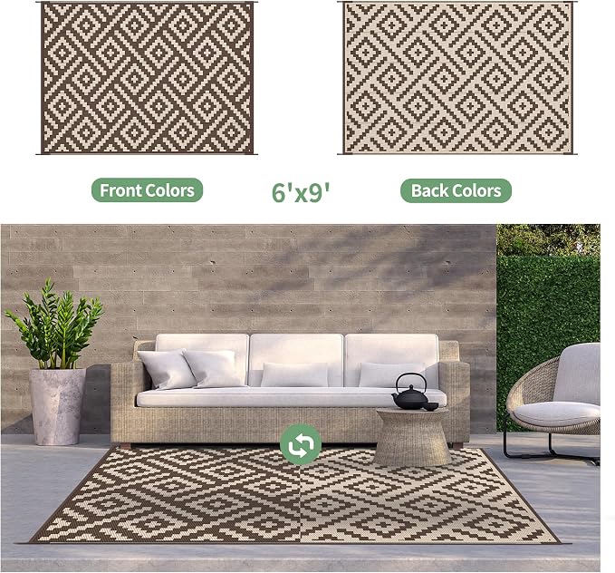 GENIMO Outdoor Rug, Waterproof Plastic Rugs for Patio, 6'x9' Coffee Beige | Outside Larger Modern Carpet Mat for Porch Decor, Deck, Balcony, Camping, RV, Backyard, Picnic, Beach, Reversible, Foldable