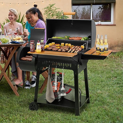 Barrel Charcoal Grill with Offset Smoker, 824 Sq. In. Cooking Area, Wooden Front Shelf, Bottom Shelf, Blow-Molded Wheels, Outdoor Charcoal Grill for Backyard Cooking, Black,CC1831W