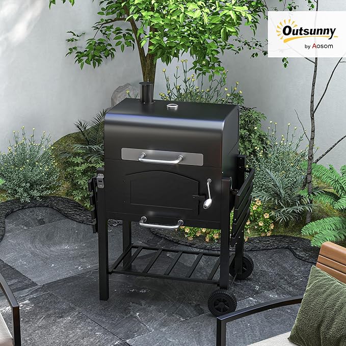 Outsunny Charcoal Grill, Portable BBQ with Adjustable Height, Folding Shelves, Thermometer, Bottle Opener and Wheels, Barbecue for Outdoor Camping, Picnic, Patio, Backyard, Black