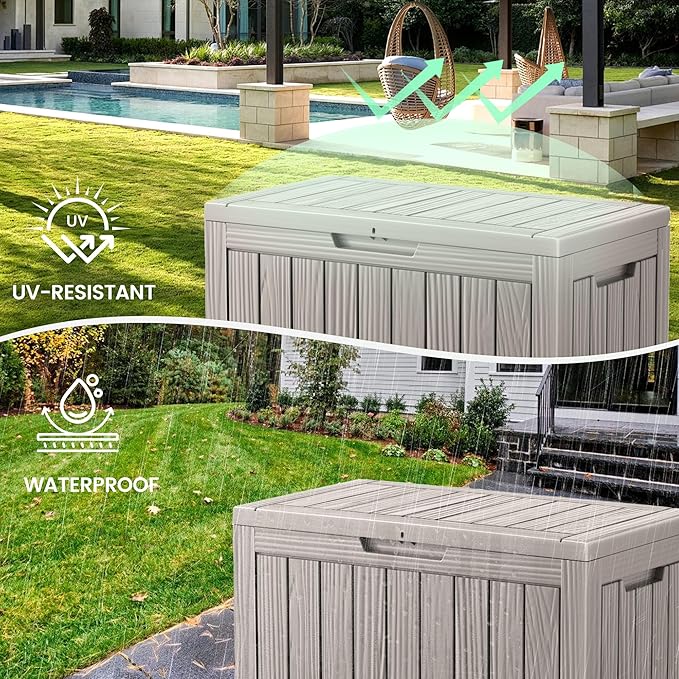 45 Gallon Outdoor Storage Box, Waterproof Resin Deck Box with Side Handles, Lockable Outdoor Bench for Indoor & Outdoor Use, Storage Bin for Patio Cushions, Garden Tools, Khaki