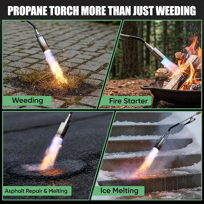 Propane Torch Weed Torch Kit Heavy Duty-340,000 BTU Weed Burner with 2 Extension Modes, Piezo Trigger(Self Igniting)&12.5ft Hose, Multi-Fuel Compatible(1lb-100lb) for Weeds, Ice Melting