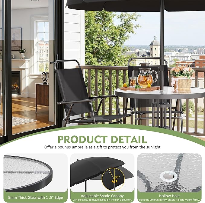 Shintenchi 6 Piece Outdoor Patio Furniture Set, Small Outdoor Patio Dining Table and Chairs Set, Outdoor Seating with Umbrella for Backyard, Balcony, Front Porch, Onyx