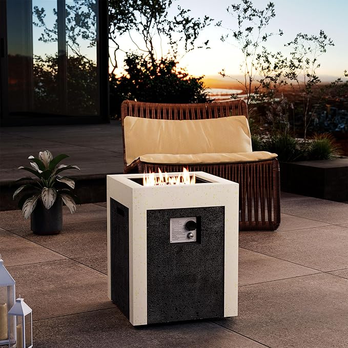 COSIEST Outdoor Propane Fire Pit Table w Compact Ledgestone 19-inch Square Graphite Base with Waterproof Cover, Certified, 40,000 BTU, Free Lava Rocks, Touch-up Pen, Fits 20lb (Grey&White)