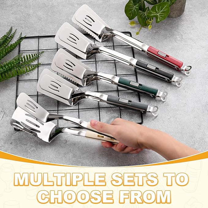 M METERXITY Spatula Tongs, 11.4 Inch 304 Stainless Steel Anti-Scald Multifunctional Flipper Grill Clamp for Cooking/Barbecue, Kitchen Cooking Tongs [Red Handle, Silver Tone]