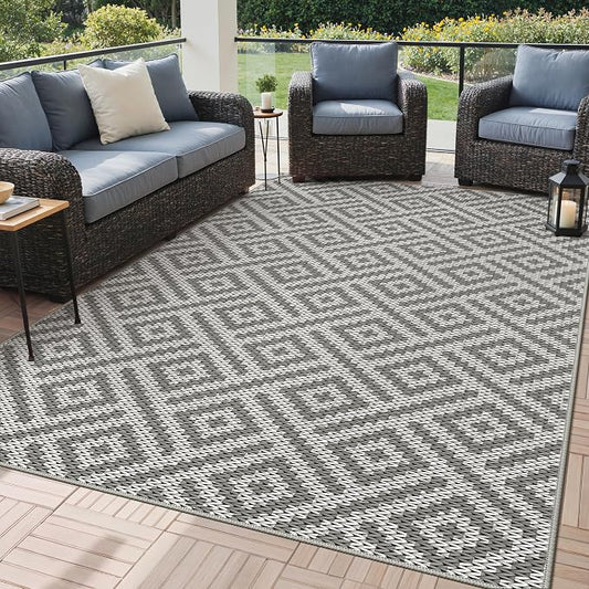 GENIMO Outdoor Rug, Waterproof Plastic Rugs for Patio, 6'x9' Cloud Grey | Outside Modern Carpet for Patio Decor, Balcony, Deck, Backyard, Picnic, Camping, RV, Reversible, Foldable, Lightweight