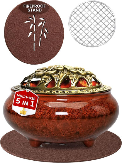 Resin Incense Burner for Frankincense & Bakhoor – Ceramic Charcoal Incense Burner with Lid, Stainless Steel Mesh and Heat-Resistant Lining for Altar & Meditation, Glazed Red