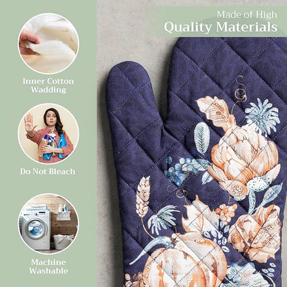 Maison d' Hermine Oven Gloves 100% Cotton Oven Mitt 7" x 13" with Loop Heat Resistant BBQ Cooking Gloves for Thanksgiving Christmas Decorations Baking Handling Hot Pans (Pack of 1, Pumpkin Blues)
