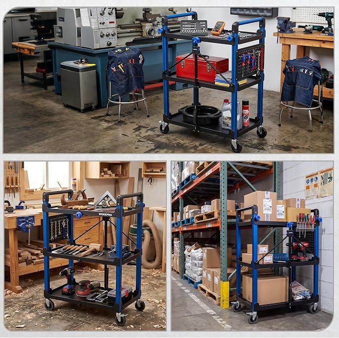 WORKPRO Heavy Duty 3-Tier Utility Cart, 450 LBS Folding Cart with Wheels | Built-In Pegboard & Hooks Keep Tools Organized, Collapsible Design with Carry Handle for Garage, Workshop, Warehouse & Home