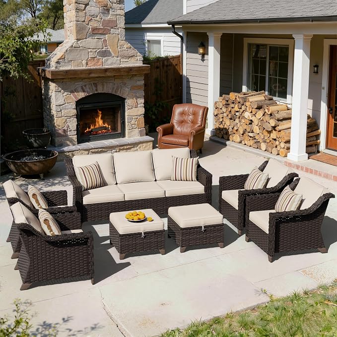 7 Piece Patio Furniture Set, Wicker Outdoor Conversation Set | Patio Chair Set with Olefin Removable Cushion, All-Weather Outdoor Couch with Deep Seat for Porch, Deck and Backyard, Beige