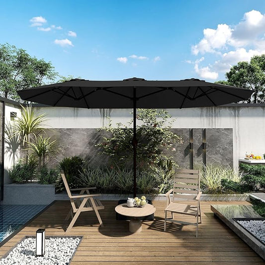 Kingdura 15ft Large Patio Umbrella with Base Included, Double-Sided Rectangle Outdoor Table Umbrella with 12 Reinforced Ribs, Crank Lift for Market Pool Deck Backyard, Black