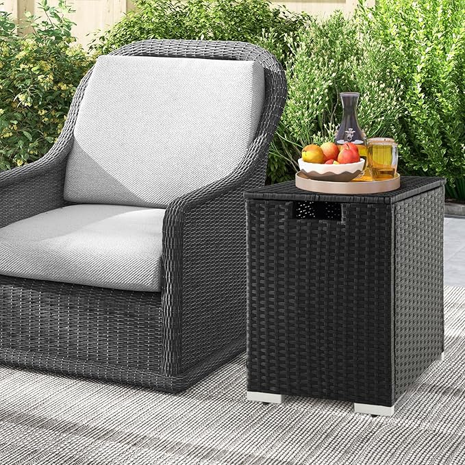 Tangkula Outdoor Propane Tank Cover Table, Patiojoy Wicker Hideaway Table for Gas Fire Pits, 20 lbs Propane Tank Storage Box, Outdoor Wicker Side Table & Propane Tank Holder (Black)