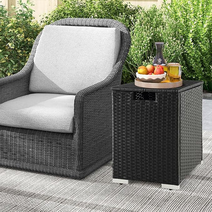 Tangkula Outdoor Propane Tank Cover Table, Patiojoy Wicker Hideaway Table for Gas Fire Pits, 20 lbs Propane Tank Storage Box, Outdoor Wicker Side Table & Propane Tank Holder (Black)