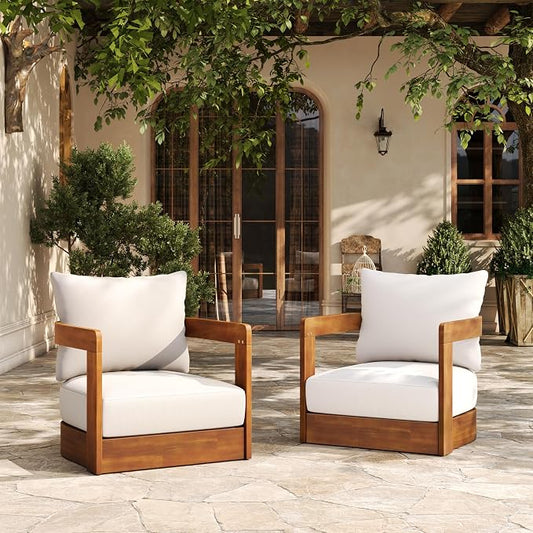 Christopher Knight Home Chloe Acacia Wood Lounge Chair Outdoor Set of 2, Curved Tub Design Accent Chairs with Weather Resistant Cushion, Comfy Low Profile Reading Seating for Backyard, Teak+ Beige