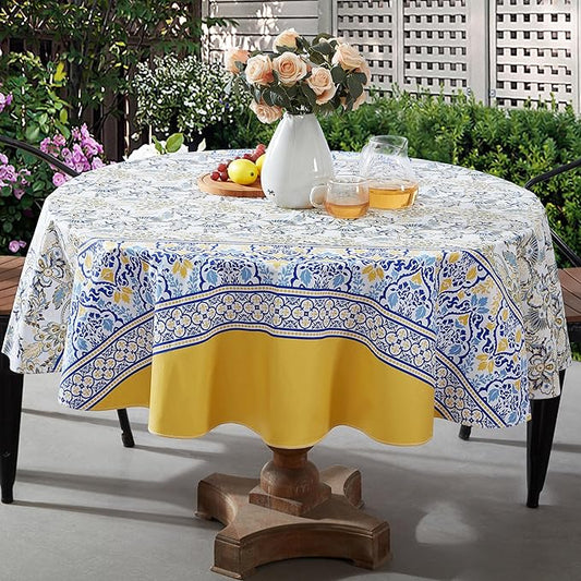Home Bargains Plus Round Vinyl Tablecloth with Flannel Backing, 70 Inch, Alluring French Country, Yellow and Blue Floral Vinyl Table Cover, Heavy Weight for Dining Party and Barbecues