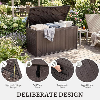 YITAHOME XXL 300 Gallon Extra Large Outdoor Deck Box, Lockable Resin Double-Wall Storage Box and Waterproof Patio Furniture Bin for Garden Tools & Pool Accessories, Brown