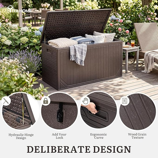 YITAHOME XXL 300 Gallon Extra Large Outdoor Deck Box, Lockable Resin Double-Wall Storage Box and Waterproof Patio Furniture Bin for Garden Tools & Pool Accessories, Brown