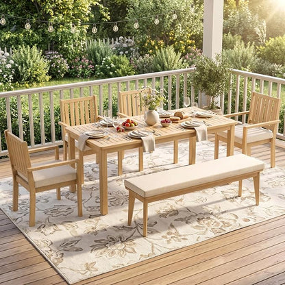 FansaFurn 6 Pieces Acacia Outdoor Patio Table and Chairs Set for All-Weather, Outside Furniture with Table Umbrella Hole and Removable Cushion for 6, Outdoor Patio Furniture Set for Garden, Brown