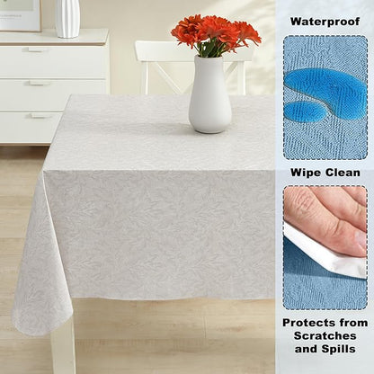 Newbridge Napa Leaf Beige Vinyl Flannel Backed Tablecloth, 60 x 84 Inch Rectangle, Hotel Quality Waterproof Indoor Outdoor Table Cover for Kitchen, Patio, Dining, BBQ