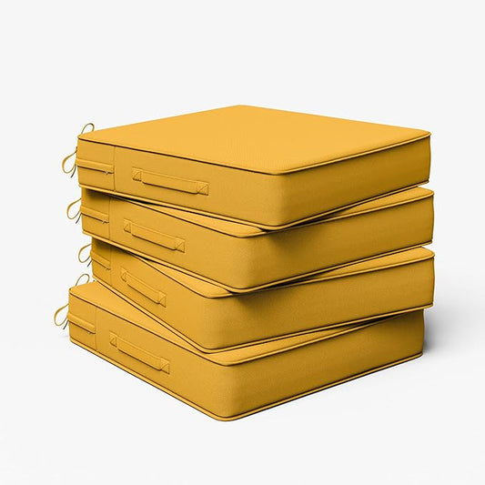 Outdoor Chair Cushion 24 x 24 x 5 Inches Patio Furniture Outdoor Waterproof Seat Cushion, Patio Chair Cushion with Handles and Ties, Square Dining Chair Cushion Set of 4, Yellow