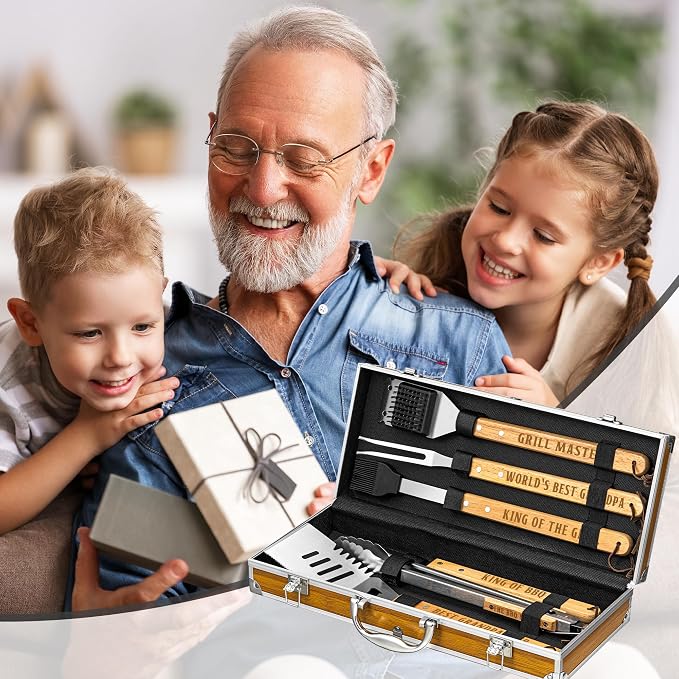 Grandpa Gifts from Grandkids, Grilling Gift Heavy Duty Wooden BBQ Grilling Accessories Kit, Thick Stainless Steel Grill Utensils with Non-Slip Handle Tools in Portable Bag on Fathers Day