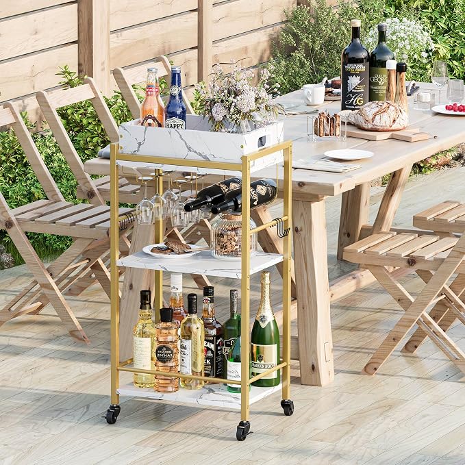 3-Tier Gold Bar Cart with Removable Tray, Small Bar Carts with Wheels, Rolling Beverage Cart, Drink Cart, Gold Wine Cart with Wine Rack for Kitchen, Living Room GBC513G