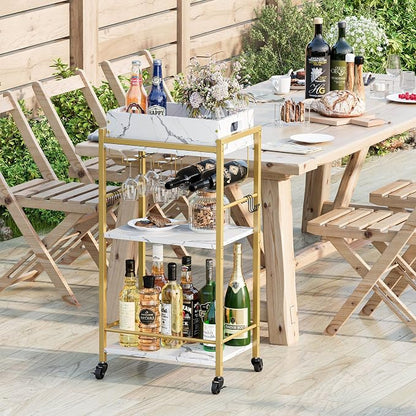 3-Tier Gold Bar Cart with Removable Tray, Small Bar Carts with Wheels, Rolling Beverage Cart, Drink Cart, Gold Wine Cart with Wine Rack for Kitchen, Living Room GBC513G