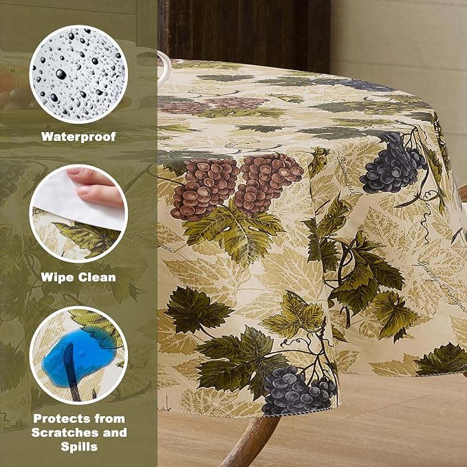 Newbridge 60 x 84 Inch Oval Vinyl Tablecloth with Flannel Backing, Grapevine Print, Grape Theme Indoor Outdoor Waterproof Table Cover, Picnic, Barbeque, Patio and Kitchen Dining