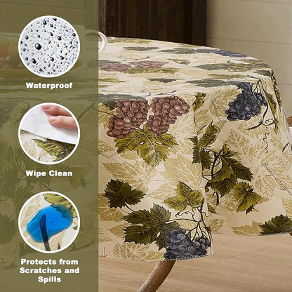 Newbridge 60 x 84 Inch Oval Vinyl Tablecloth with Flannel Backing, Grapevine Print, Grape Theme Indoor Outdoor Waterproof Table Cover, Picnic, Barbeque, Patio and Kitchen Dining