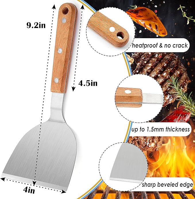 Metal Spatulas, HaSteeL Stainless Steel Griddle Spatula Turners with Wooden Handles, Professional Griddle Tools for Flat Top Teppanyaki Skillet Cast Iron Cooking Indoor & Outdoor - 2 Packs